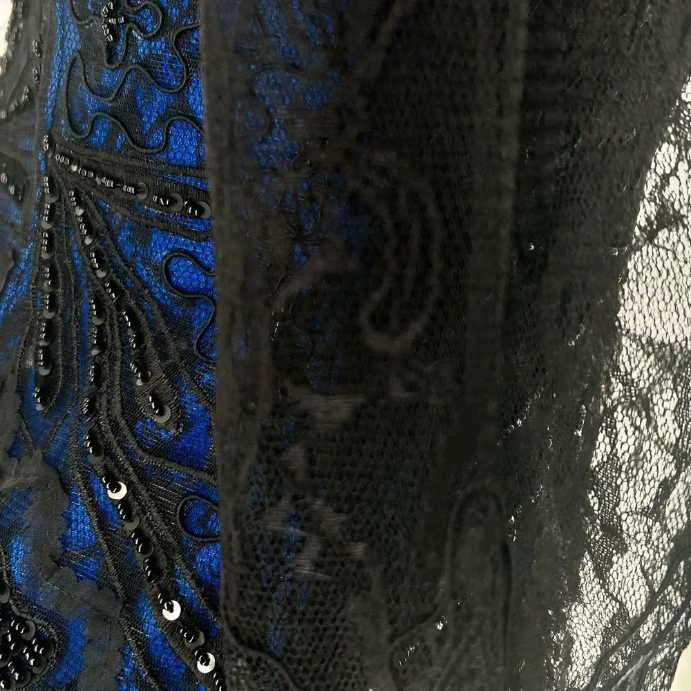 Sue Wong 3/4 SLEEVE V-NECK BEADED ROYAL BLUE & BLACK LACE COCKTAIL DRESS SIZE 4 - Picture 13 of 15
